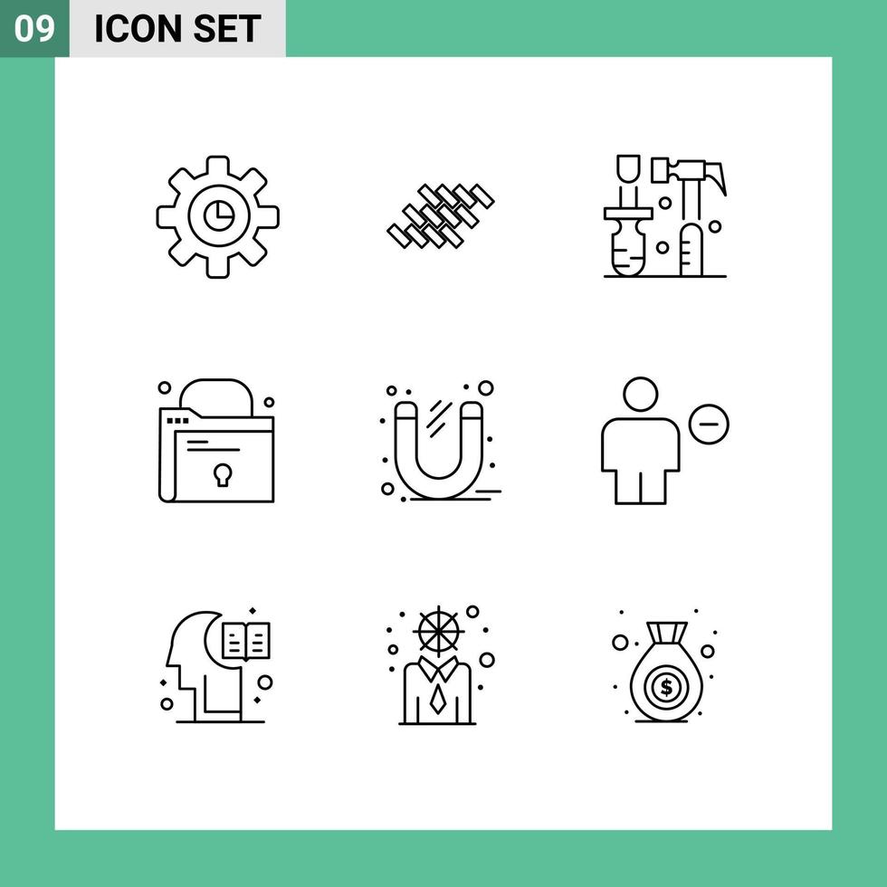 Pack of 9 creative Outlines of magnet lock construction file tools Editable Vector Design Elements