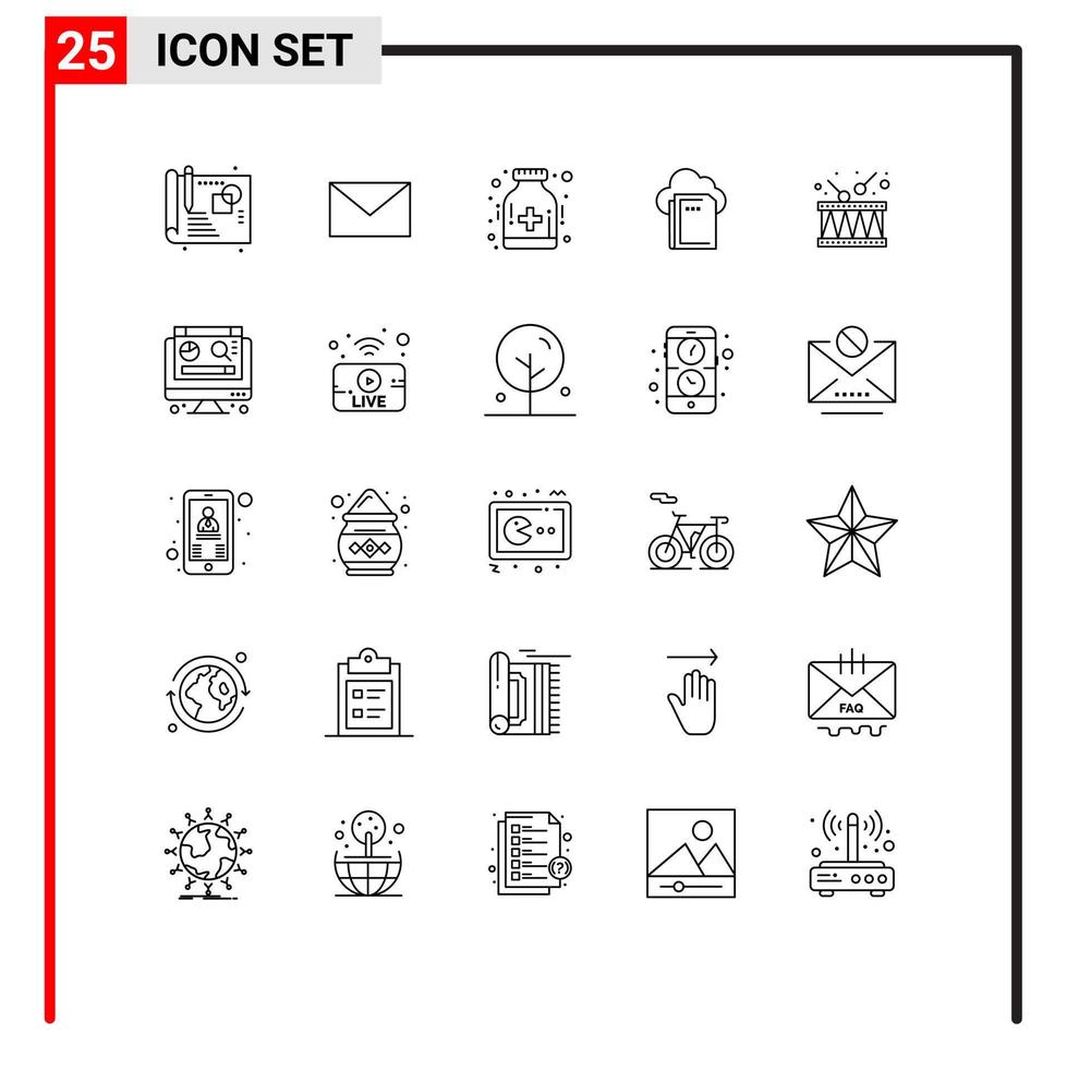 Group of 25 Lines Signs and Symbols for music instrument health drum data Editable Vector Design Elements