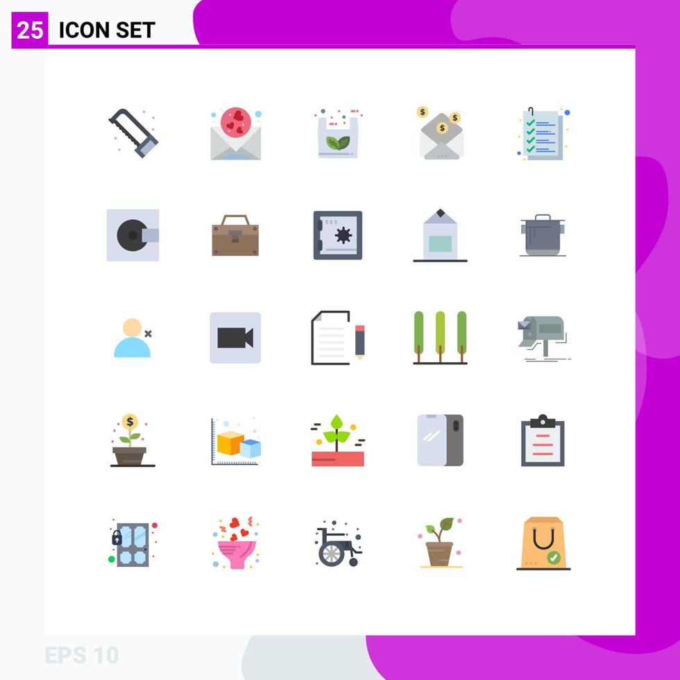 paquete de color plano de 25 símbolos universales de elementos de diseño de vector editables de negocio de dinero de bolsa de mensaje de pago