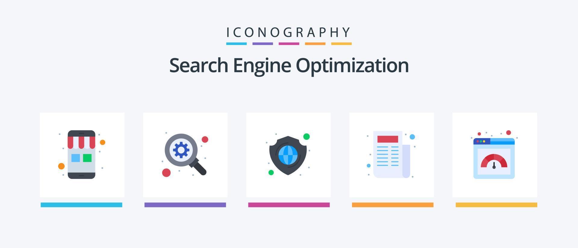 Seo Flat 5 Icon Pack Including speed. page. shield. meter. ad. Creative Icons Design vector