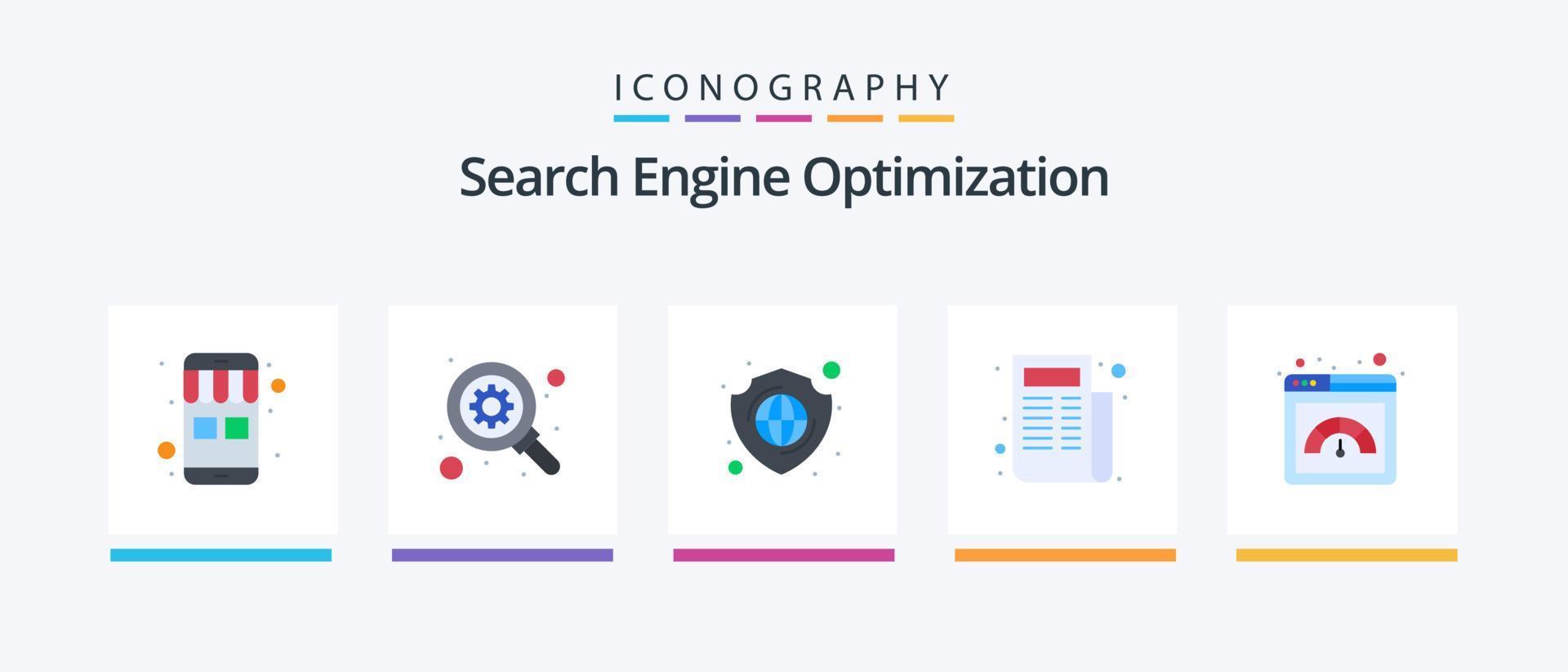 paquete de iconos seo flat 5 que incluye velocidad. página. blindaje. metro. anuncio. diseño de iconos creativos vector