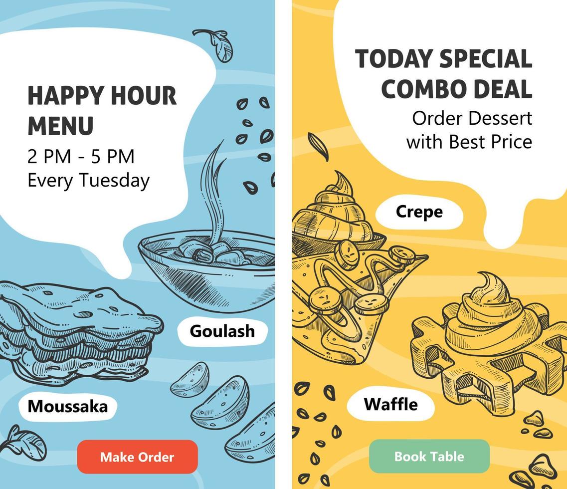 Happy hour menu, special meal in restaurant web vector