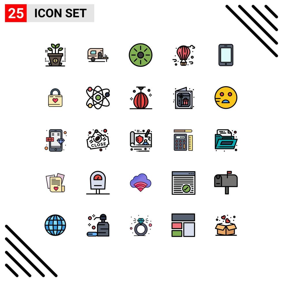 Mobile Interface Filled line Flat Color Set of 25 Pictograms of call mobile kiwi interior cell fly balloon Editable Vector Design Elements