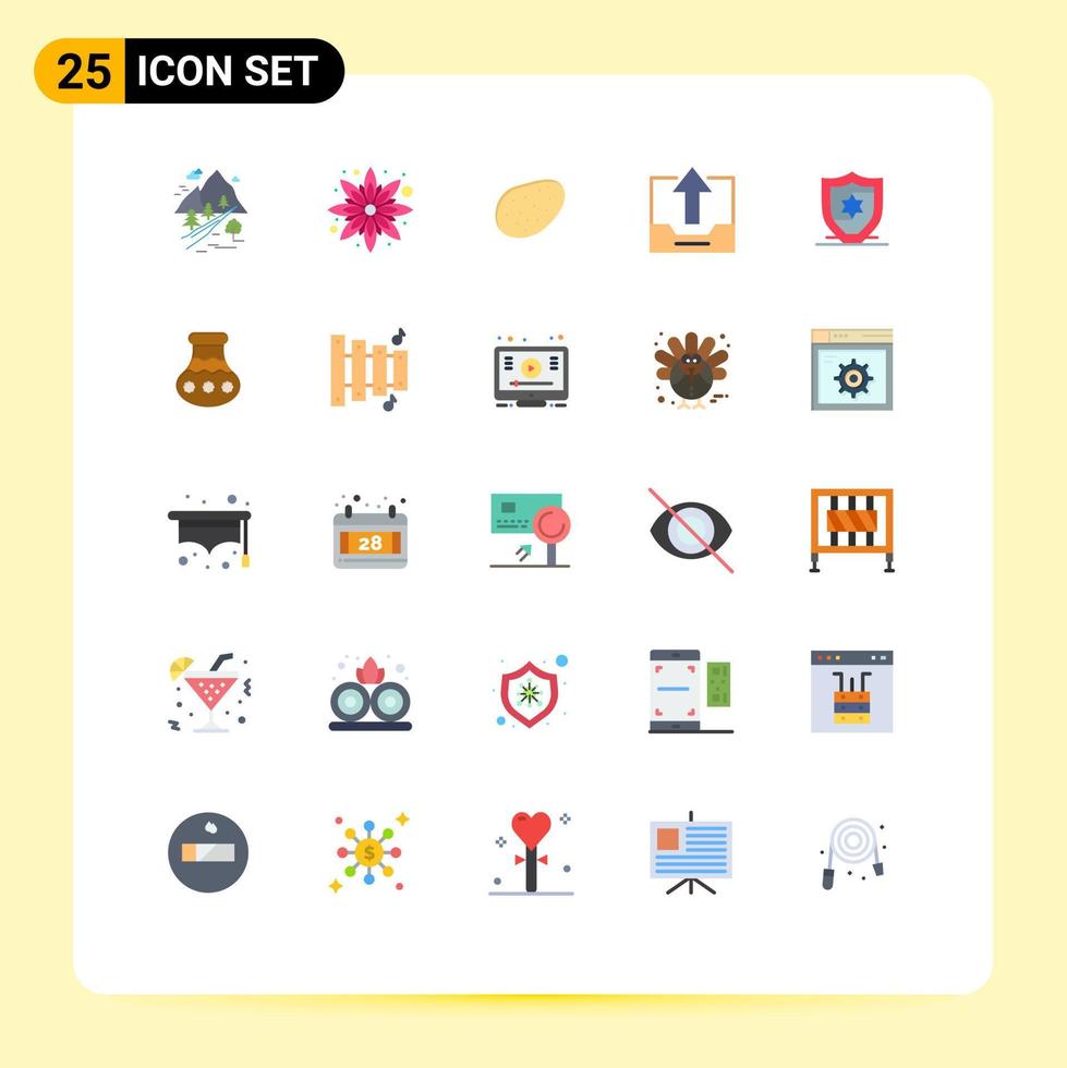 25 User Interface Flat Color Pack of modern Signs and Symbols of shield american patato upload drawer Editable Vector Design Elements