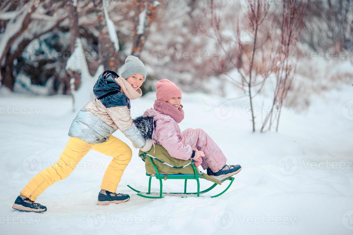 Adorable little happy girls sledding in winter snowy day. photo