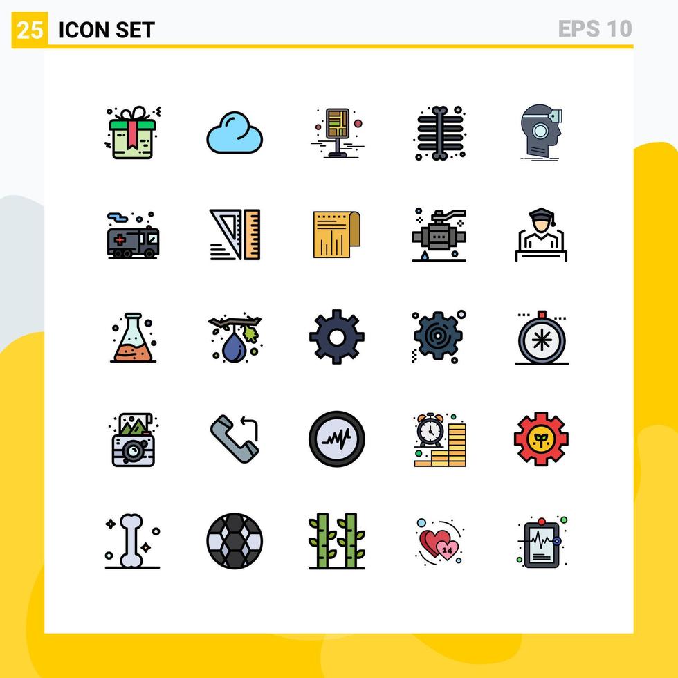 25 Universal Filled line Flat Colors Set for Web and Mobile Applications headset vr destination skeleton xray chest Editable Vector Design Elements