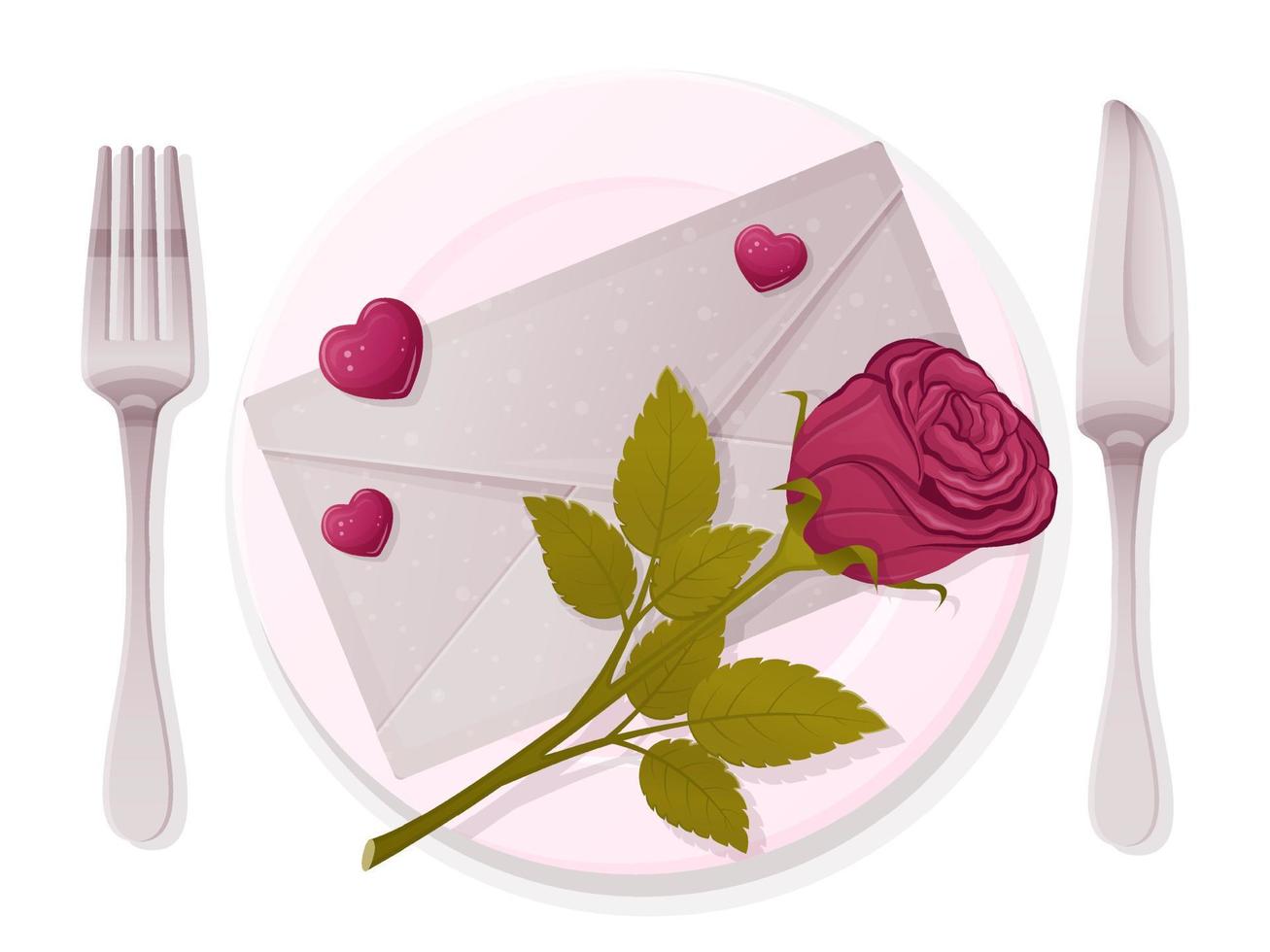 tarjeta del día de san valentín. sobre y corazón rojo en plato y cubiertos, cena especial. ilustración vectorial vector