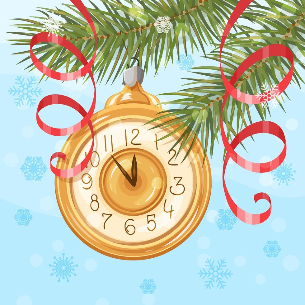 pancarta de invierno. ramas de árboles de navidad con un juguete de árbol de navidad en forma de reloj. Año nuevo. plantilla para el diseño. ilustración vectorial vector