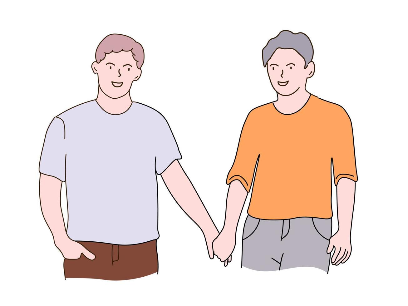 A young couple embraces, looks at each other. Two gay guys in love with each other holding hands. The concept of homosexuality, equality of rights. Vector line graphics, freehand drawing.