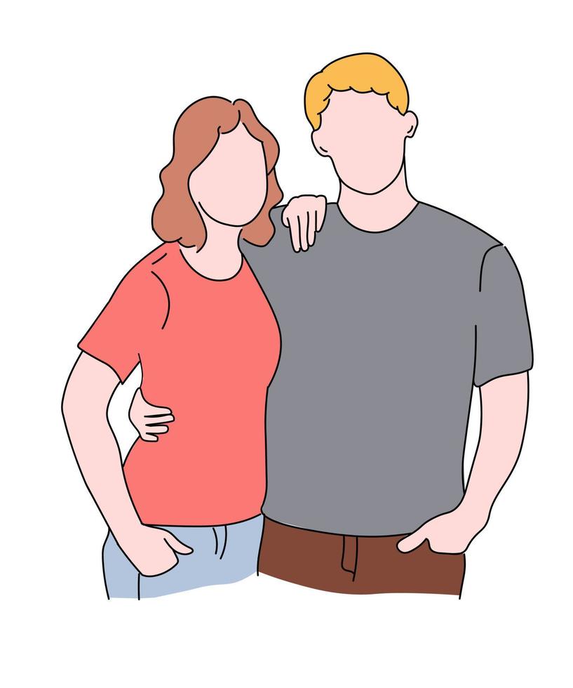 A young couple embraces, looks at each other. A guy and a girl in love together. Vector linear graphics, hand drawing.