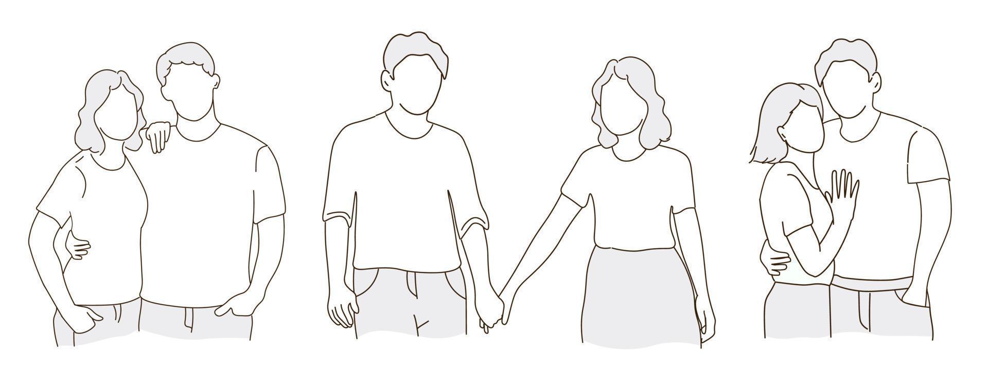 A young couple embraces, looks at each other. A guy and a girl in love with each other. A group of people. Vector line graphics, freehand drawing.