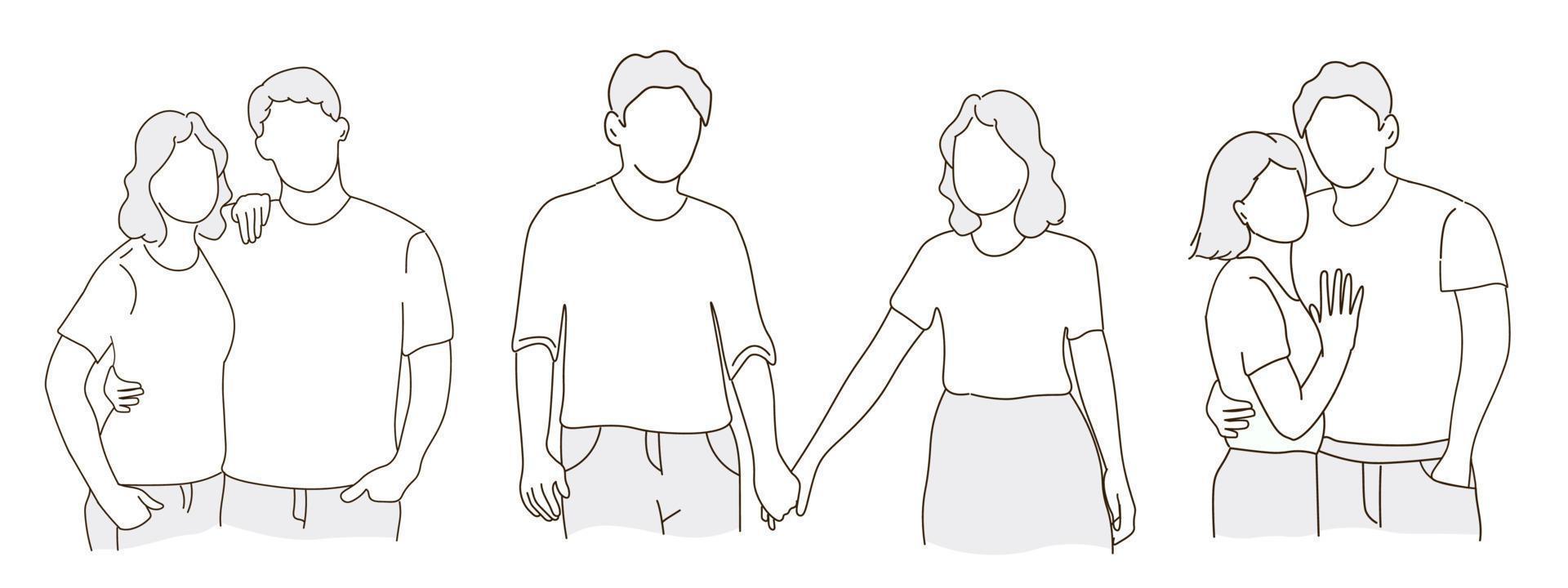 una pareja joven se abraza, se mira. un chico y una chica enamorados el uno del otro. un grupo de personas. gráficos de línea vectorial, dibujo a mano alzada. vector