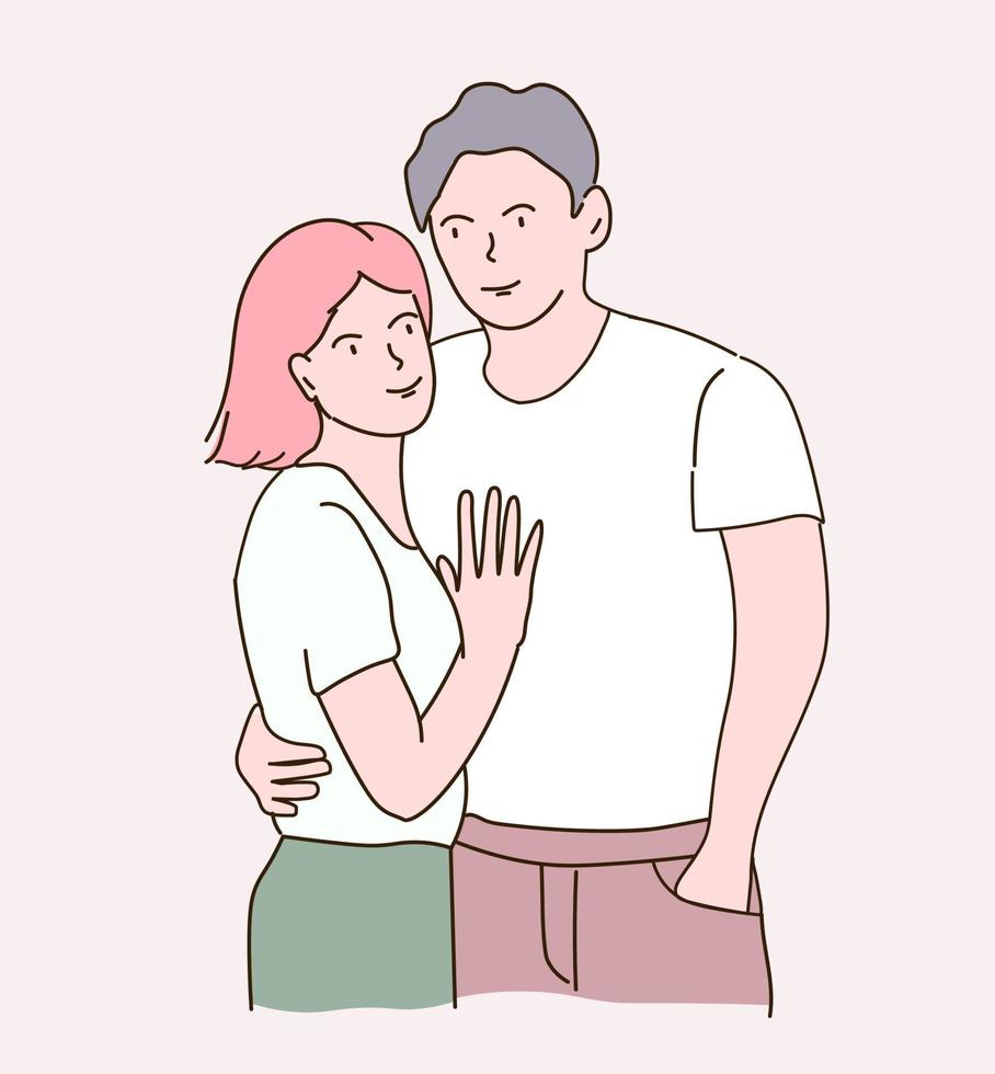 A young couple embraces, looks at each other. A guy and a girl in love together. Vector linear graphics, hand drawing.