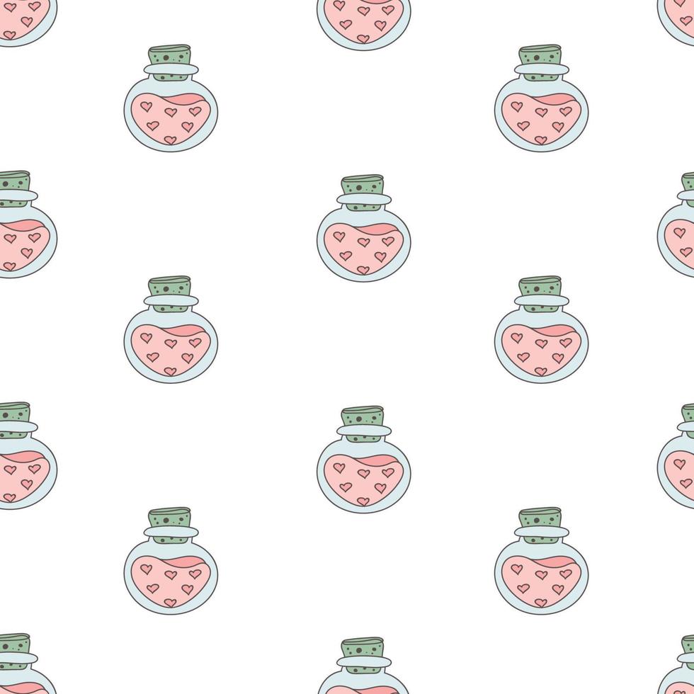 Seamless pattern with hearts and potion flask. Cartoon style. Romantic pattern.Vector illustration. vector
