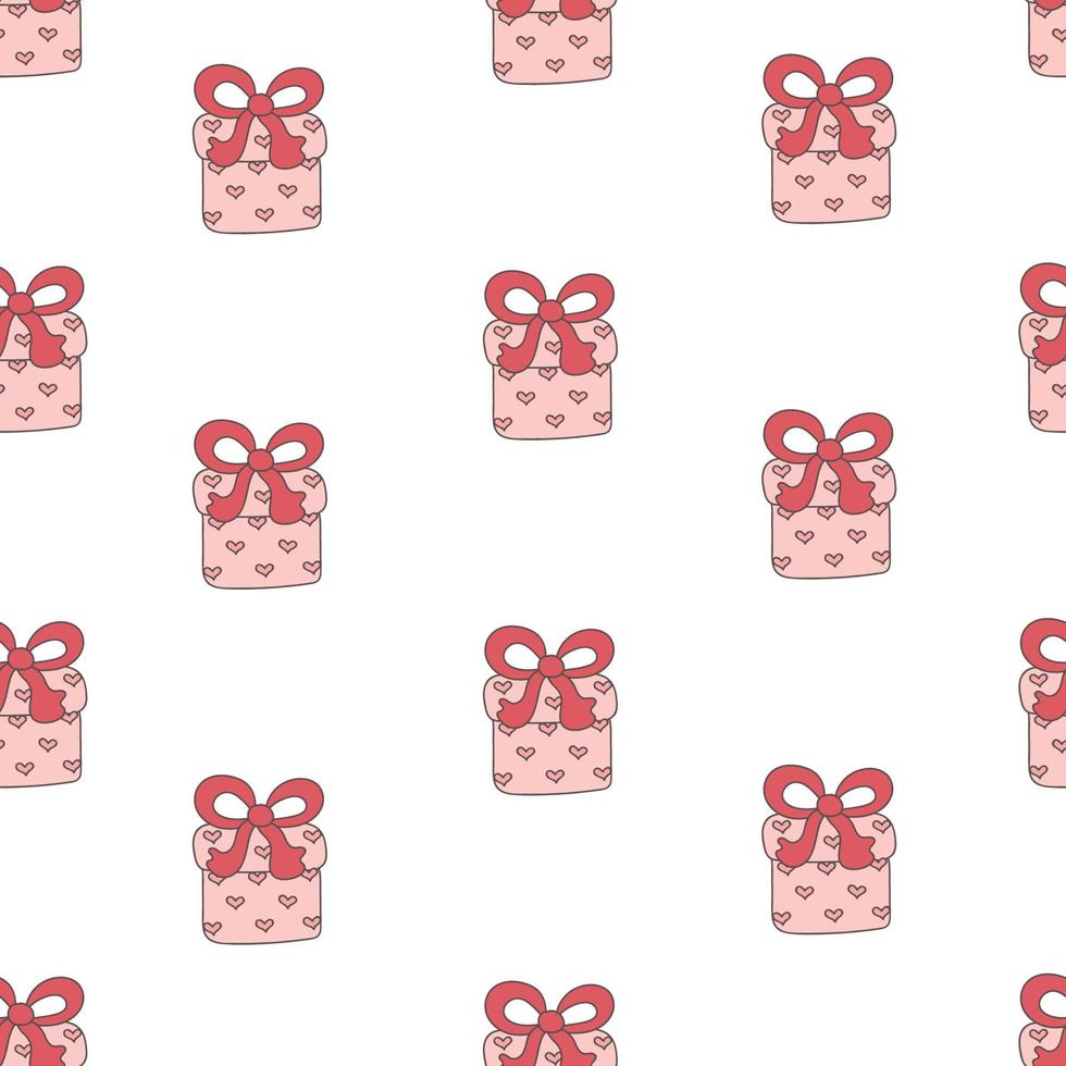 Doodle flat elements happy valentine day gift boxes with heart. Vector seamless pattern.