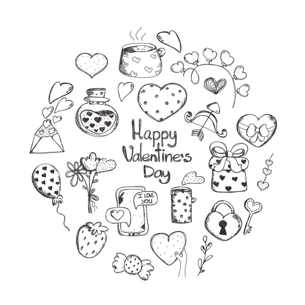 Valentines Day set love. Love clipart. Many various romantic objects. hand drawn elements about love. Hand drawn doodle Love and Feelings collection Vector illustration Sketchy