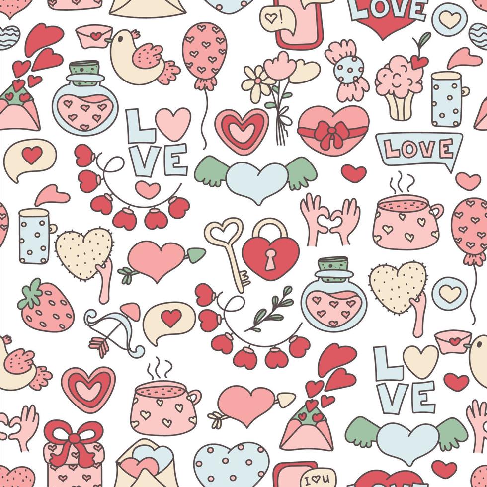 Love concept. Hand drawn romantic seamless pattern. Lovely symbols. Valentine's day background doodle vector