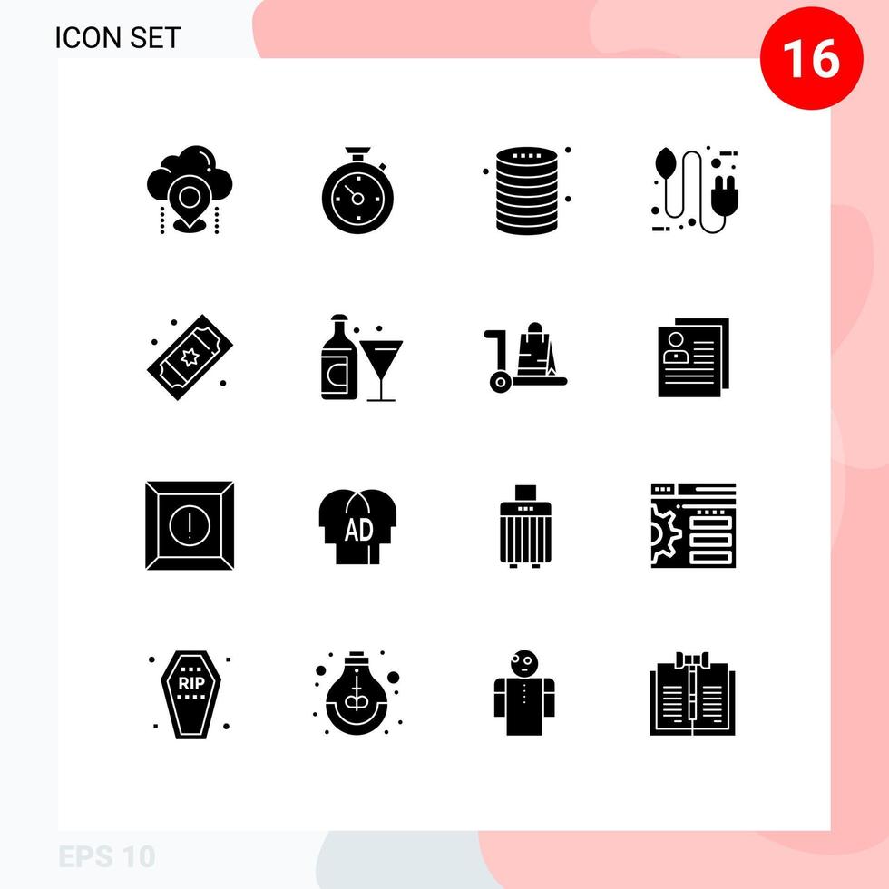 Pictogram Set of 16 Simple Solid Glyphs of electricity concept hotel bio server Editable Vector Design Elements