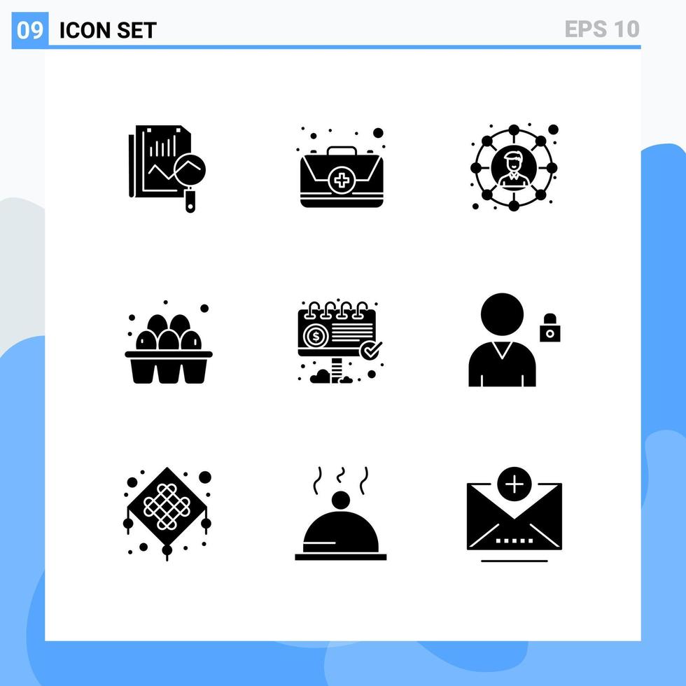 9 User Interface Solid Glyph Pack of modern Signs and Symbols of billboard supermarket connections food egg Editable Vector Design Elements