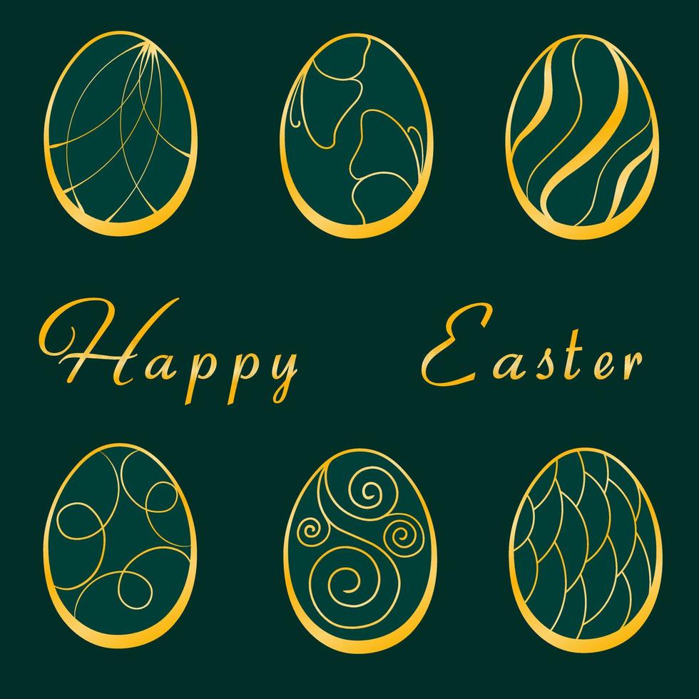 Happy Easter luxury greeting cards set. Easter holiday invitations templates collection with hand drawn lettering and gold easter eggs. Vector illustration.