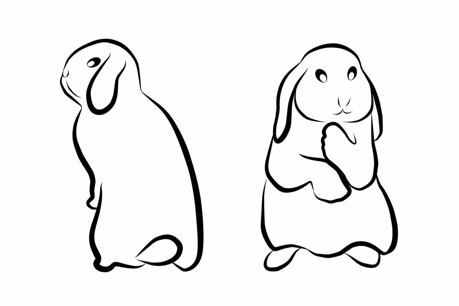 Decorative cute bunny hand drawn vector illustration isolated on white background. Rabbit sits in front. Black and white. Linear drawing. Calligraphy image. Symbol of 2023. Happy Easter greeting card.