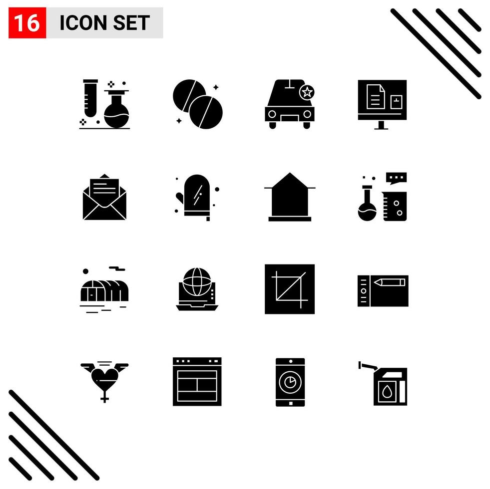 Modern Set of 16 Solid Glyphs Pictograph of school learn medicine education vehicles Editable Vector Design Elements