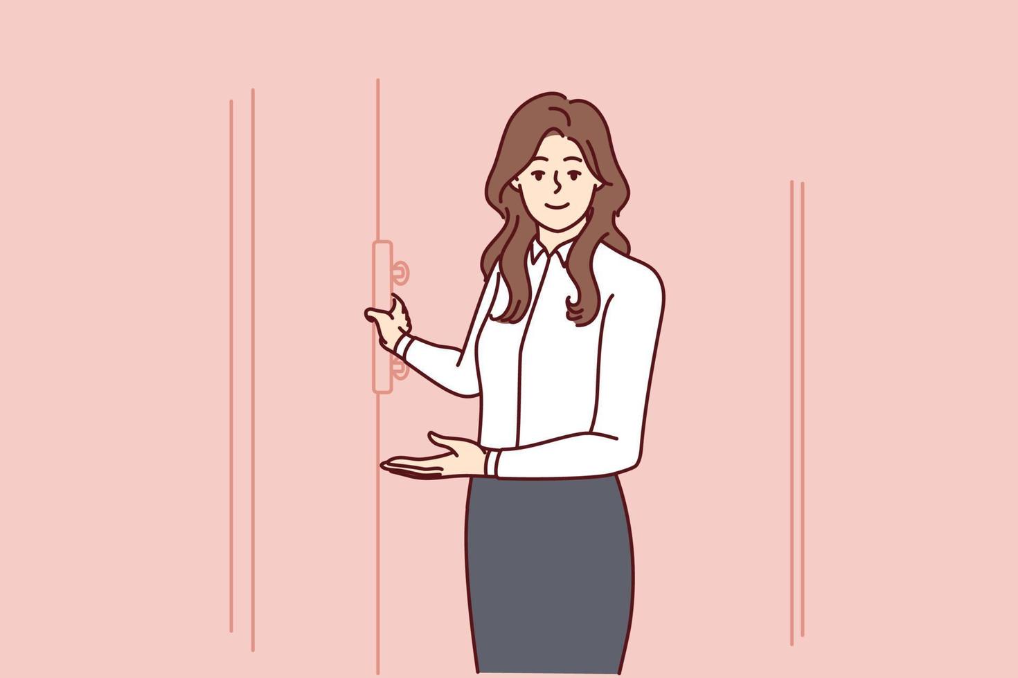 Hospitable woman secretary opens door invites visitors to come into office. Hostess girl in white shirt and skirt points to entrance recommending visit to good restaurant. Flat vector design