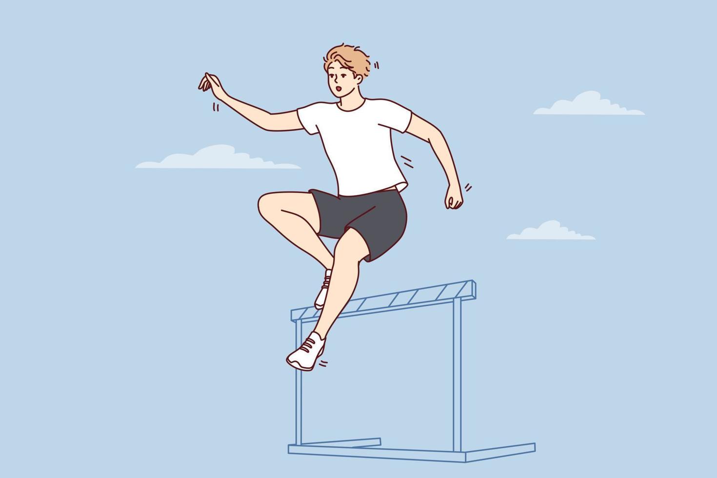 Male athlete running up jumps over barrier during important competition. Purposeful guy in casual clothes makes jump in preparation for championship wishes to get gold medal. Flat vector illustration