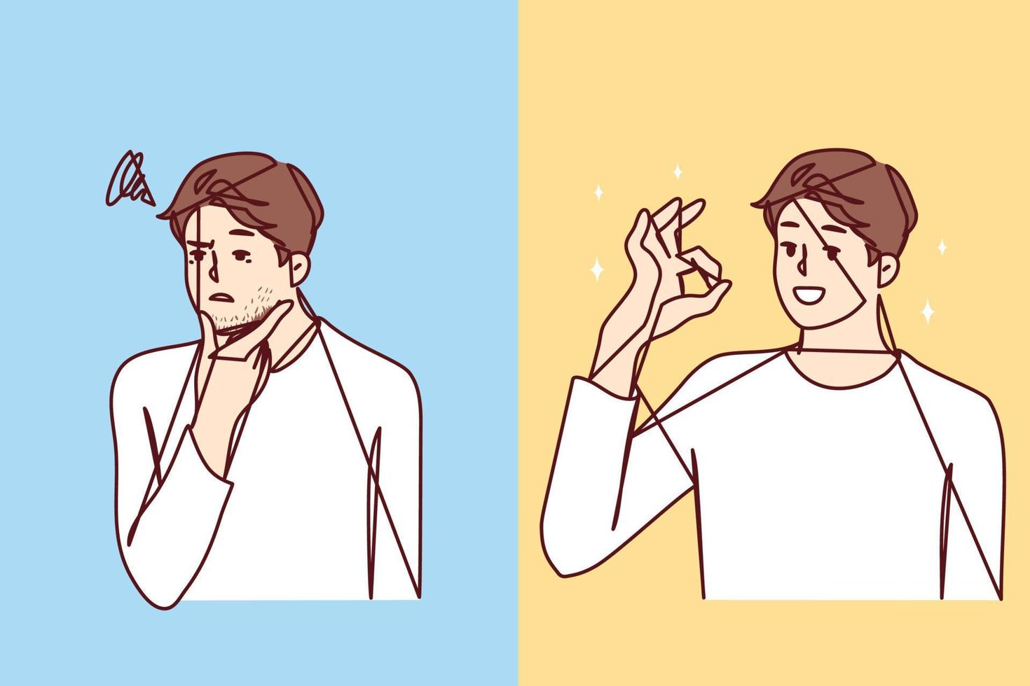 Entangled in threads of man puzzled touches chin then smiles and shows OK gesture. concept of positive thoughts during difficult situations and ability to cope with stress. Flat vector design