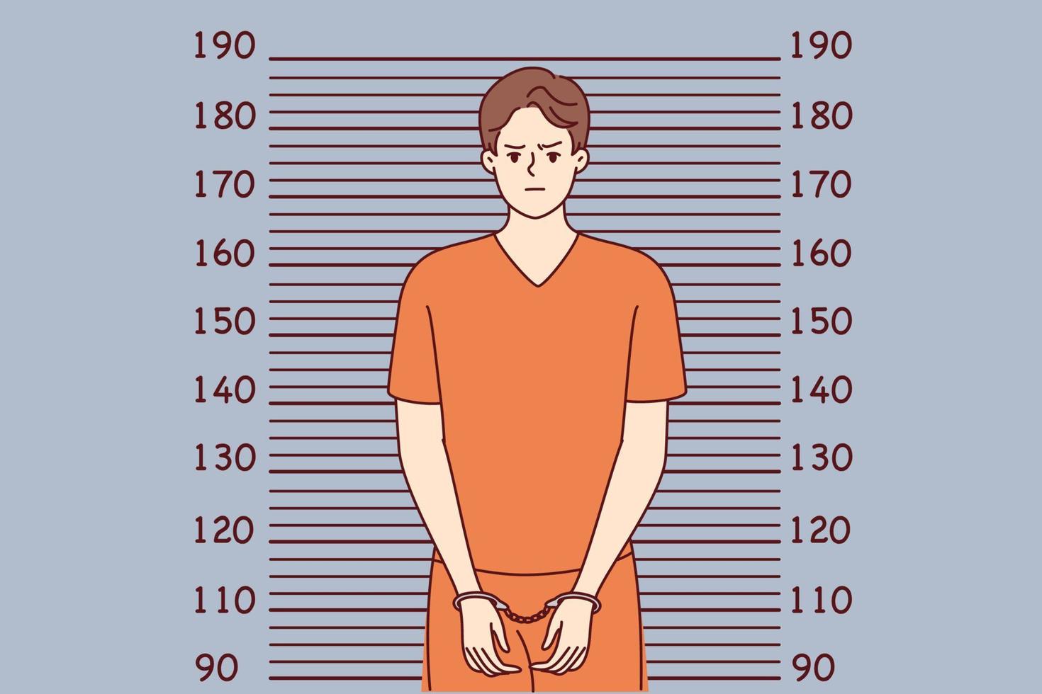 Man in handcuffs and orange clothes stands near lines for measuring height. Guy who broke law and went to jail poses for picture of criminal intended for personal file. Flat vector image