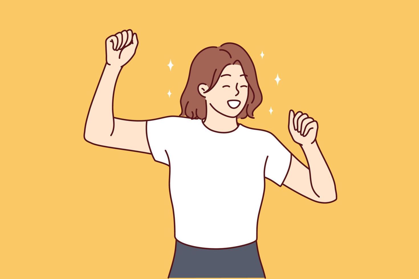 feliz mujer sonriente agitando las manos se regocija de conocer a un chico genial o invitar a la primera cita. alegre dama casual realiza el baile de la victoria en honor a recibir ofertas de trabajo muy bien pagadas. imagen vectorial plana vector