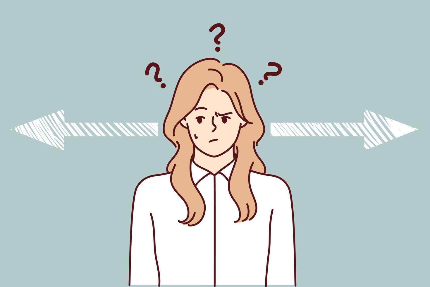 mujer desanimada cerca de flechas que apuntan en diferentes direcciones para un concepto de decisión difícil. la dama rubia con camisa blanca toma una decisión importante al elegir la estrategia para atraer clientes. imagen vectorial plana vector