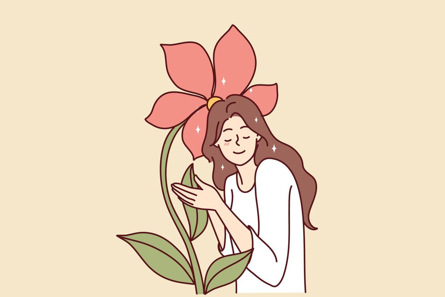 Attractive woman closing eyes touches giant flower enjoying natural beauty and pleasant smell. Girl near blossom symbolizes use of cosmetics without addition of chemistry. Flat vector illustration