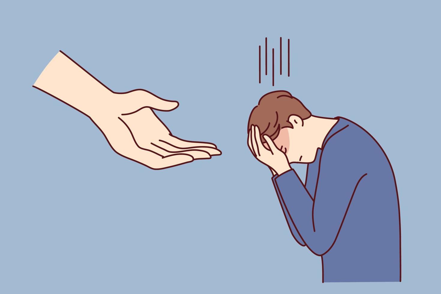 Crying man covers face with hands bowing head while standing near giant palm hanging from sky. Concept help from Lord for religious person who is in trouble and has lost hope. Flat vector image
