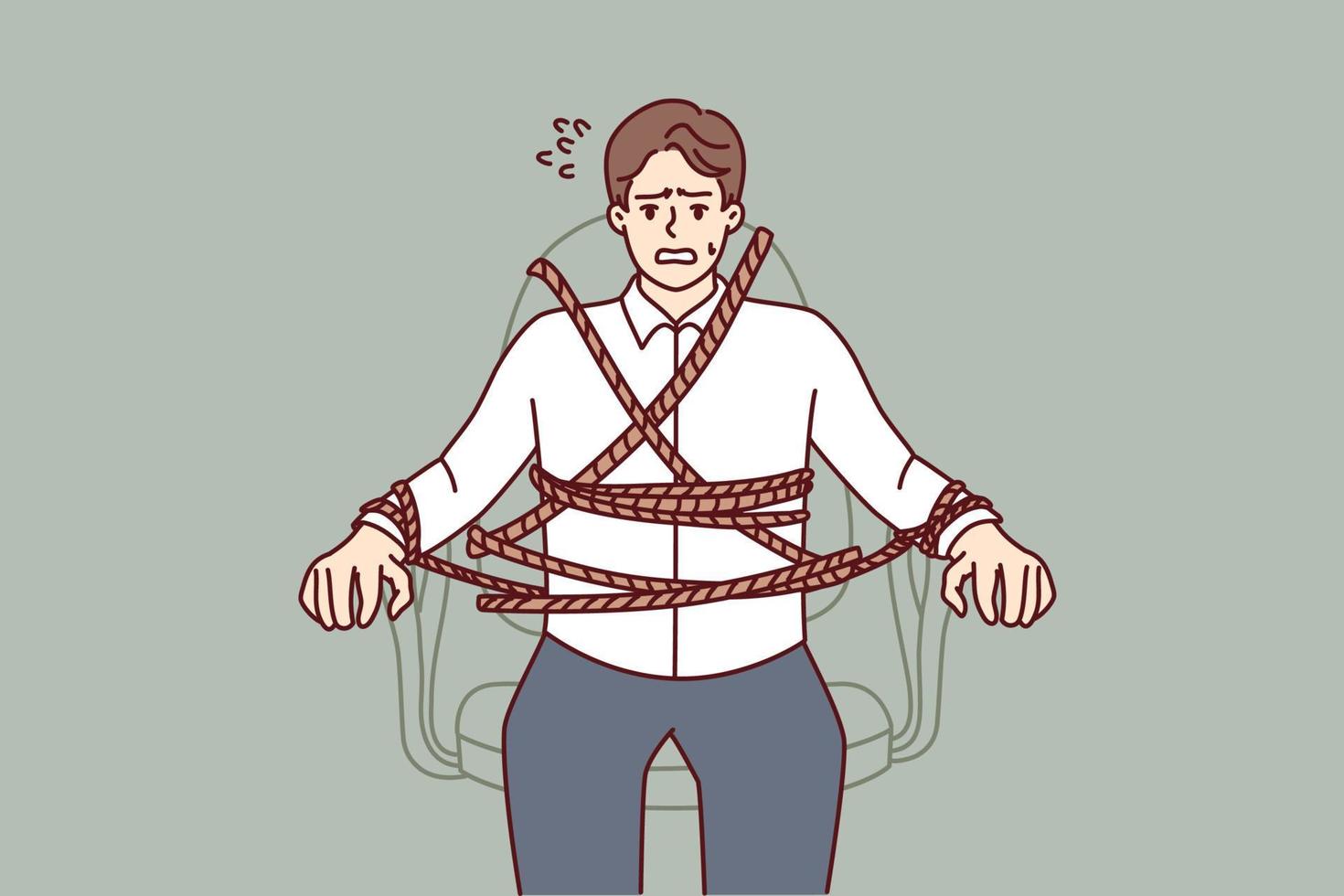 Man in business clothes is tied to office chair and feels fear or despair due to strict deadlines or impossible tasks. Concept overworking and psychologically difficult work. Flat vector image