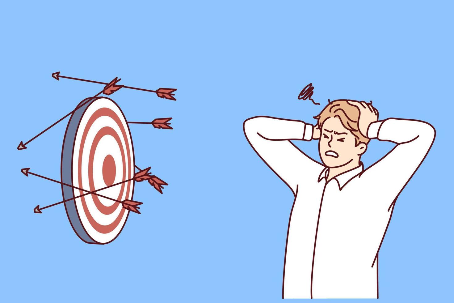 Discouraged man clutching head standing near darts board after failed attempts to hit target. Concept problems in business due to inability to complete task or KPI. Flat vector illustration