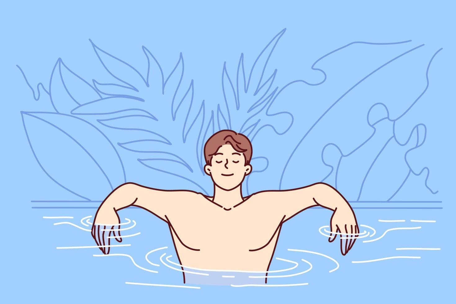 Carefree man is in pool near leaves of tropical plants, arms outstretched leans on skirting and closes eyes. Young age guy enjoys while swimming in pool of resort hotel. Flat vector design