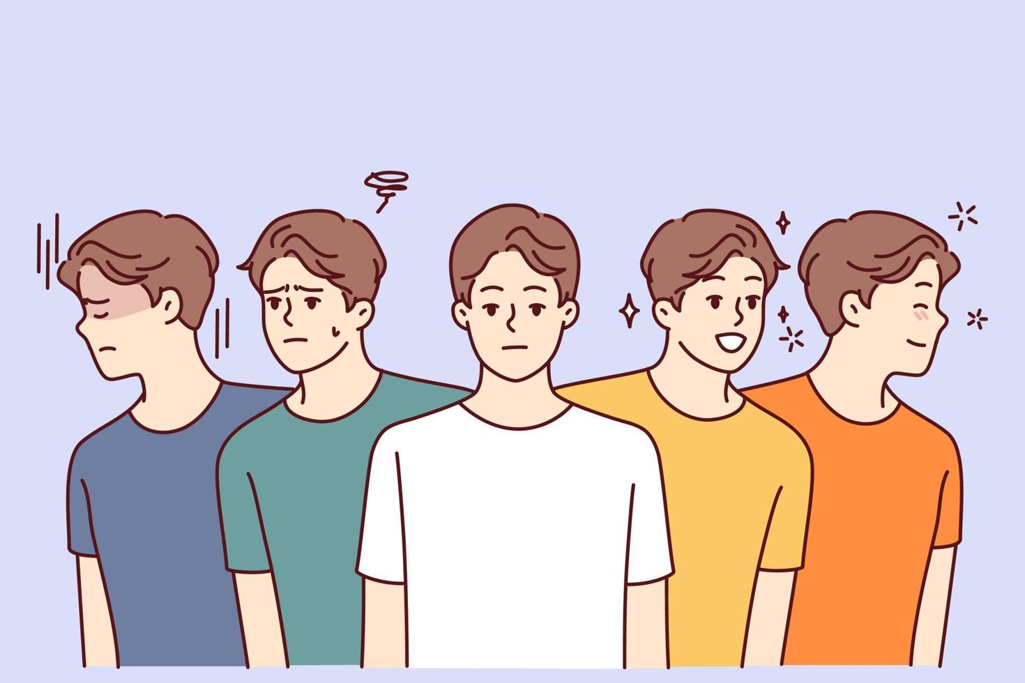 hombres idénticos con emociones positivas y negativas buscan en diferentes direcciones el concepto de frecuentes cambios de humor. los jóvenes con coloridas camisetas casuales sonríen o fruncen el ceño. ilustración vectorial plana vector