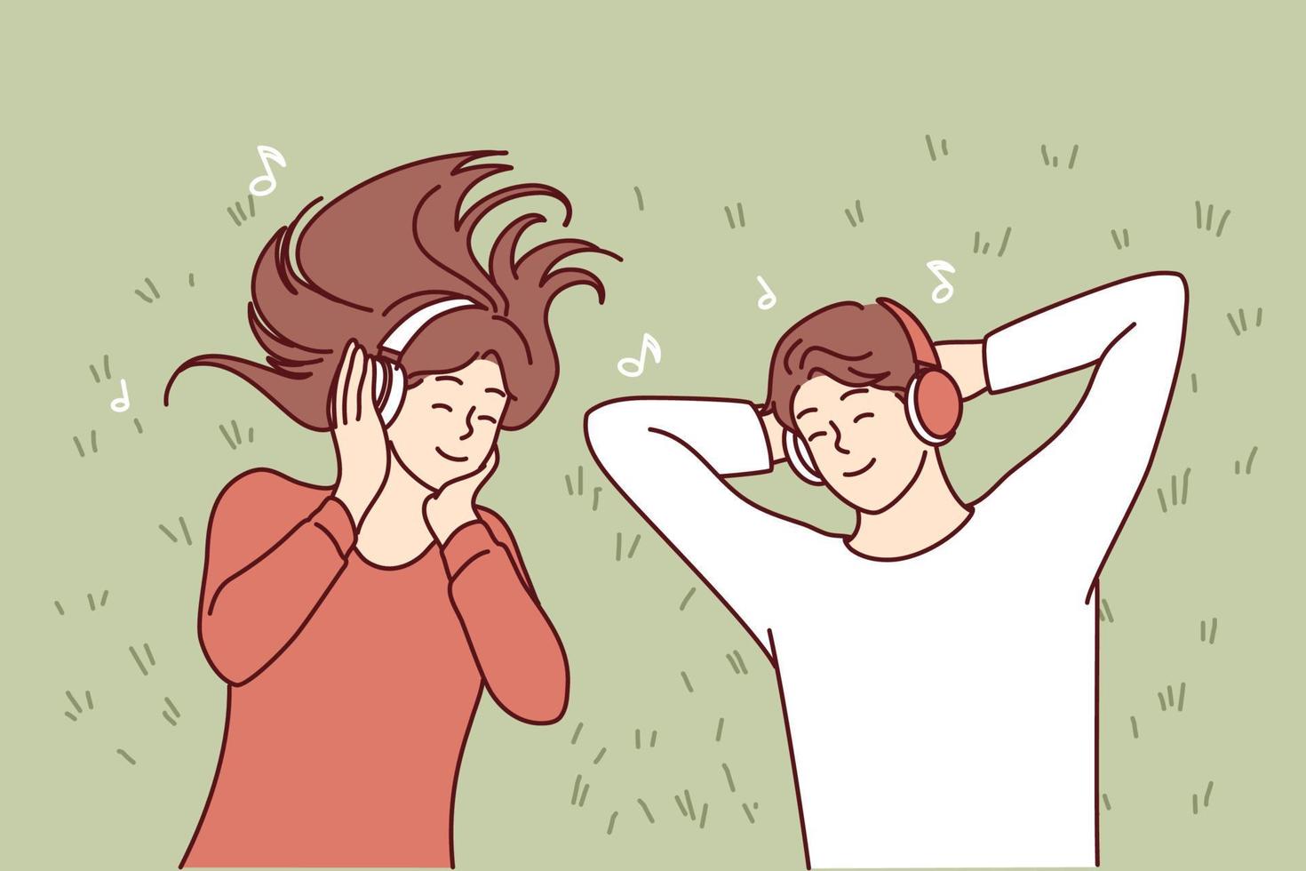 Man and woman enjoy listening to music in wireless headphones and enjoy cool song. Top view of lying carefree guys and girl relaxing with earphones on head with closed eyes. Flat vector illustration