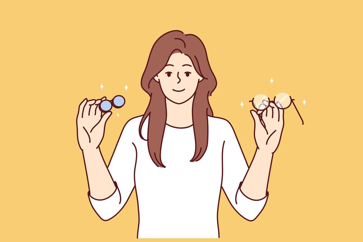 Woman holds glasses and lenses in hands choosing convenient and useful product for eye care. Portrait of smiling girl ophthalmologist offering various ways to improve vision. Flat vector design