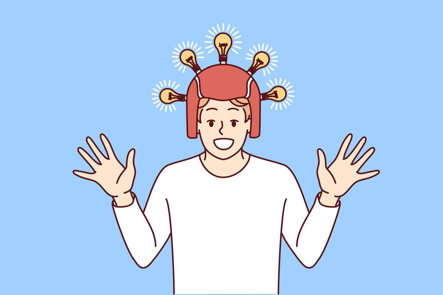 Satisfied excited man in helmet with glowing light bulbs raises hands and smiles. Guy uses magic devices to find new ideas and non-trivial solutions to achieve business goals. Flat vector illustration