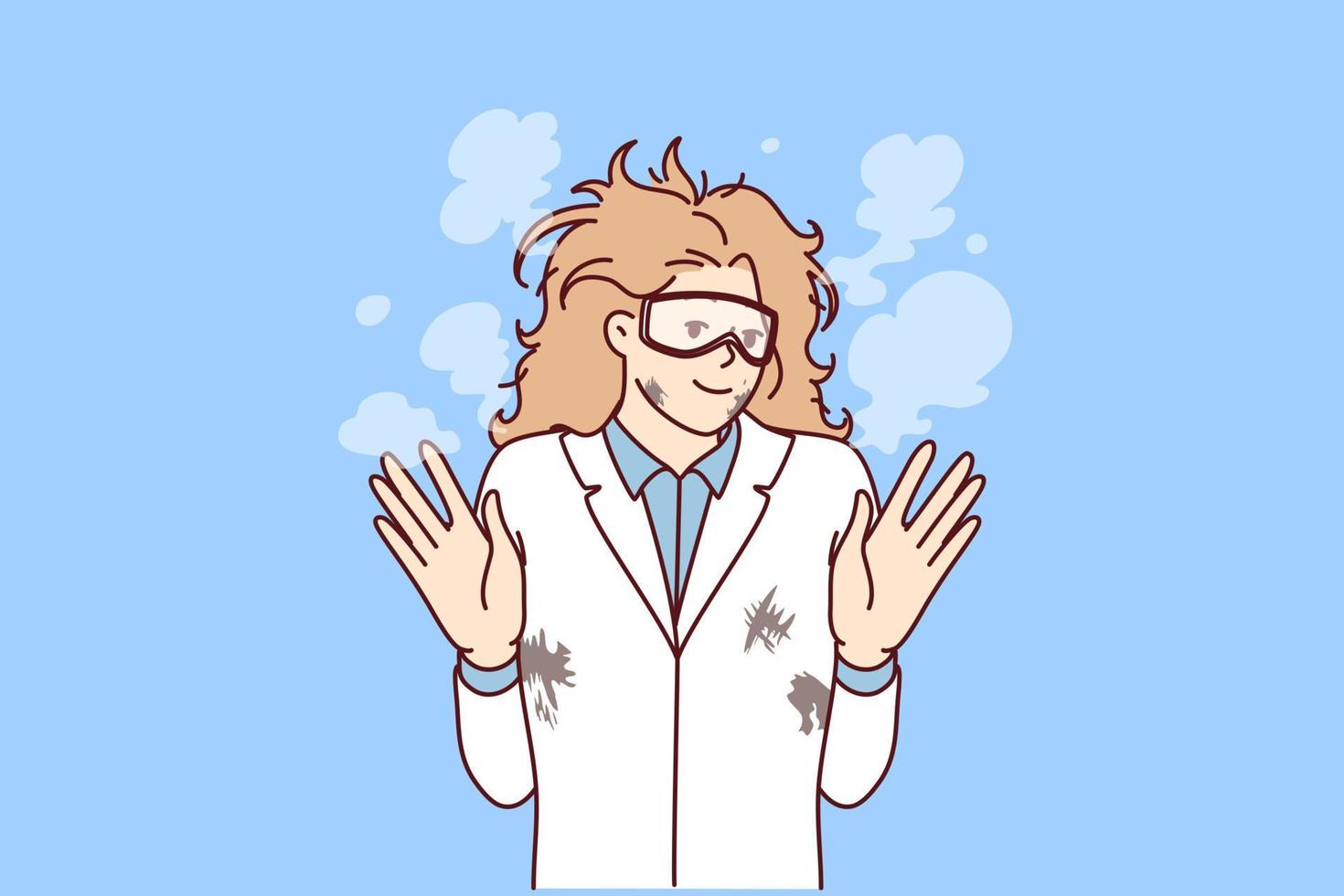 Woman mad scientist with tousled hair after failed experiment with chemical reagents. Research laboratory employee raises hands while standing in white coat with stains and smoke. Flat vector design