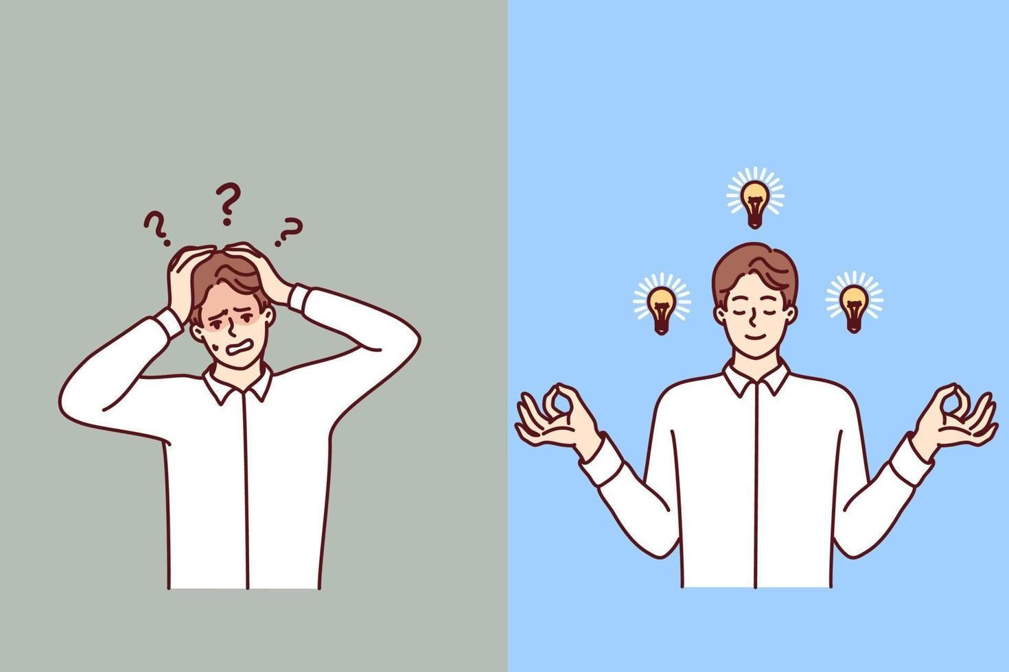 Discouraged man clutching head and meditating guy with light bulbs near face. Calm human with lot of ideas and frightened office worker who doesnt know what to do. Flat vector illustration