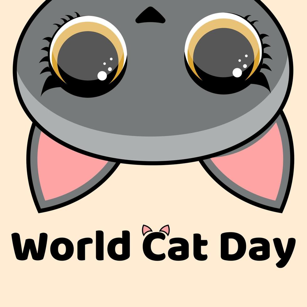 World Cat Day concept. Vector illustration of a top looking funny black cat. Pastel yellow color background. Banner, for the web, social networks.