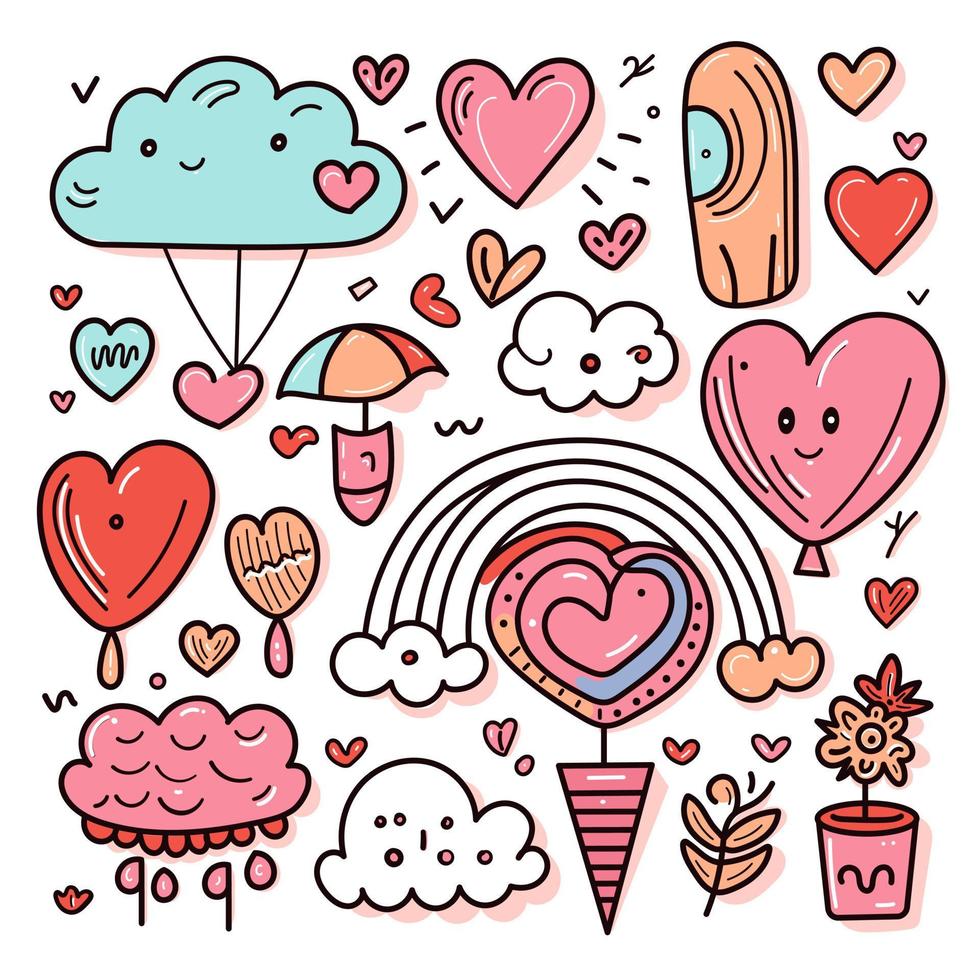 dibujado a mano día de san valentín dibujos de garabatos conjunto de elementos amor romance corazones flores tarjeta de san valentín ilustración vector