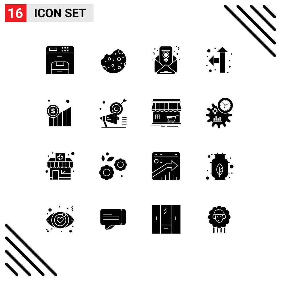 Pack of 16 Modern Solid Glyphs Signs and Symbols for Web Print Media such as graphic dollar feminism chat business pointer Editable Vector Design Elements