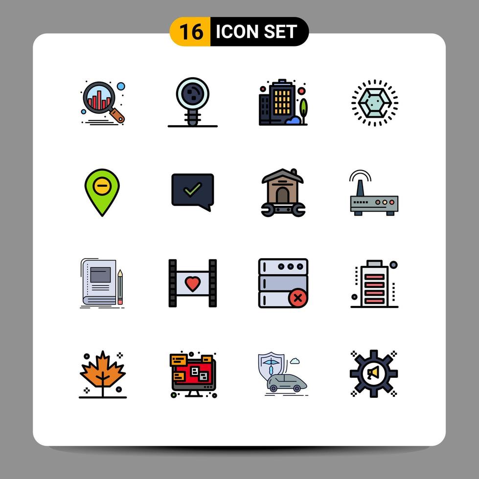 Flat Color Filled Line Pack of 16 Universal Symbols of map minimize building wedding jewelry Editable Creative Vector Design Elements
