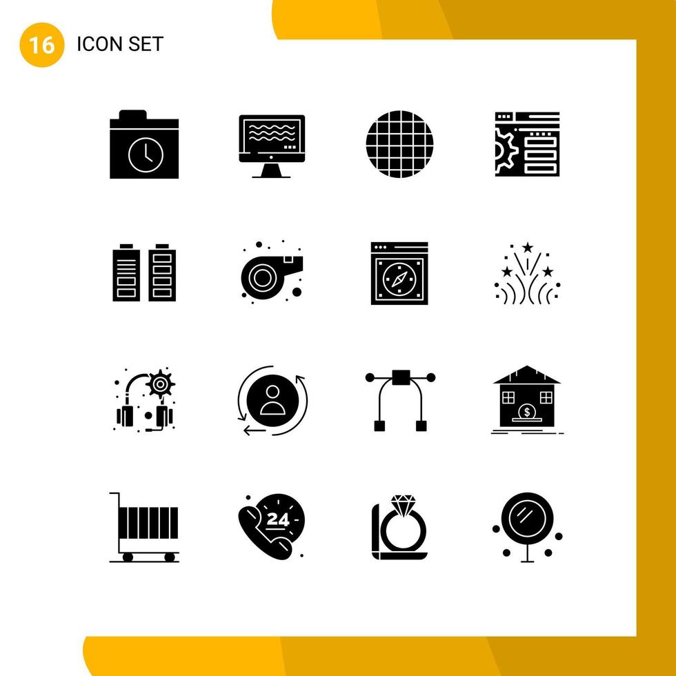 Mobile Interface Solid Glyph Set of 16 Pictograms of referee power viennese battery web Editable Vector Design Elements