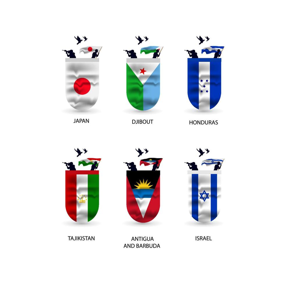 Flags collection of Japan, Djibout, HONDURAS, Tajikistan, Antigua and Barbuda, Israel vector