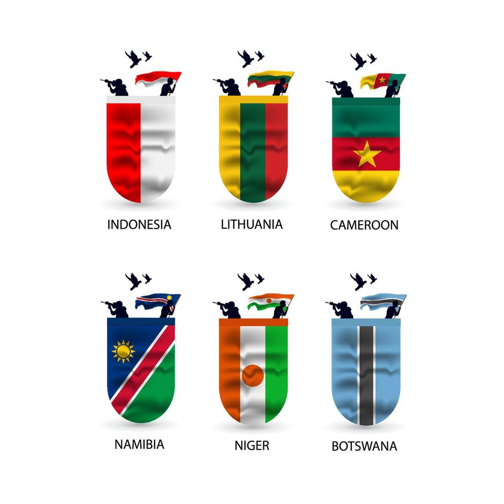 colección de banderas de indonesia, lituania, camerún, namibia, níger, botswana vector